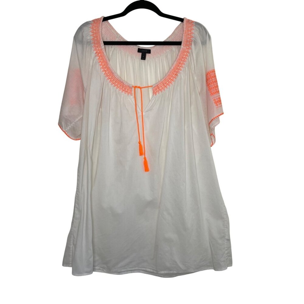 J Crew XL White Boho Tunic Top With Neon Orange Embroidery & Tassels 100% Cotton